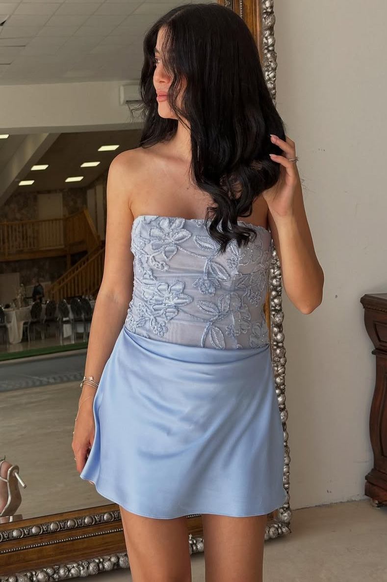 Classy Blue Strapless Appliques Sleeveless Short Party Homecoming Dress
