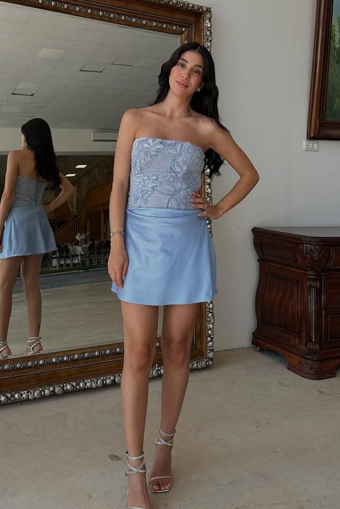 Classy Blue Strapless Appliques Sleeveless Short Party Homecoming Dress
