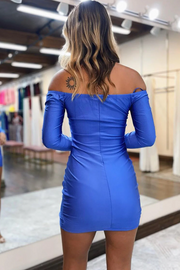 Blue Off-Shoulder Long Sleeves V-Neck Tight Satin Homecoming Dress