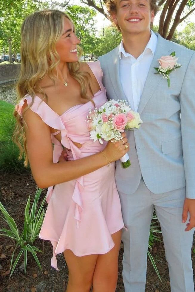 Pink Double Straps Ruffles A-Line Sleeveless Backless Homecoming Dress