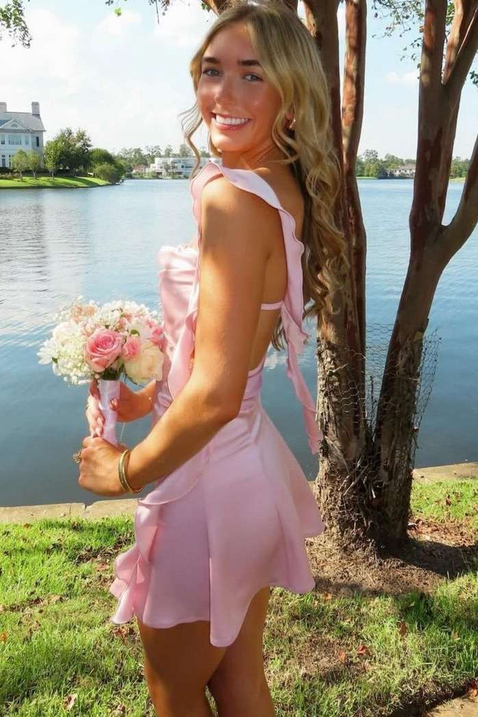 Pink Double Straps Ruffles A-Line Sleeveless Backless Homecoming Dress