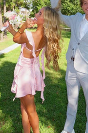 Pink Double Straps Ruffles A-Line Sleeveless Backless Homecoming Dress