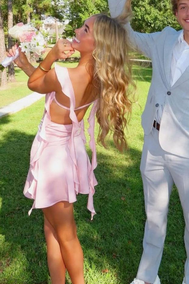 Pink Double Straps Ruffles A-Line Sleeveless Backless Homecoming Dress