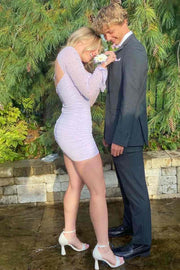 Classy Pleats Long Sleeves with Pearls Tight Homecoming Party Dress
