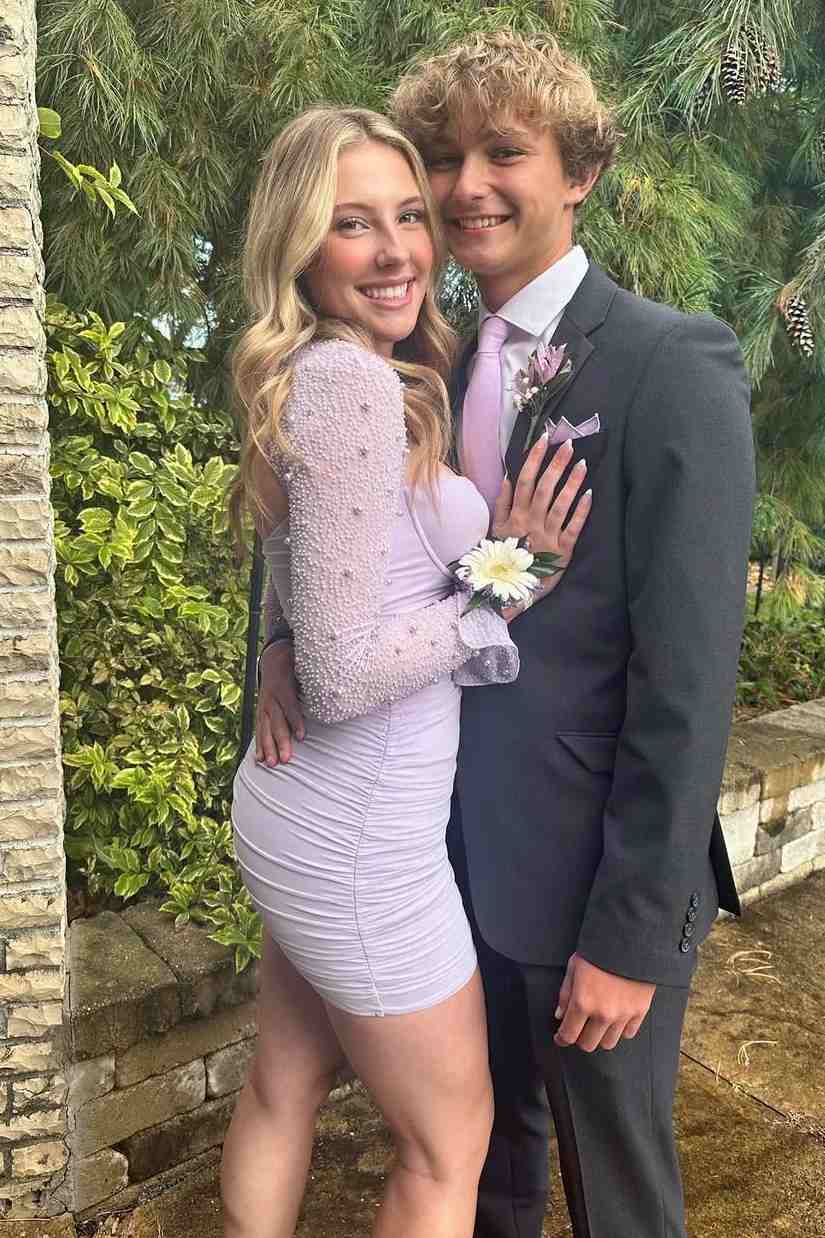 Classy Pleats Long Sleeves with Pearls Tight Homecoming Party Dress