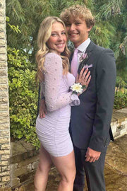 Classy Pleats Long Sleeves with Pearls Tight Homecoming Party Dress