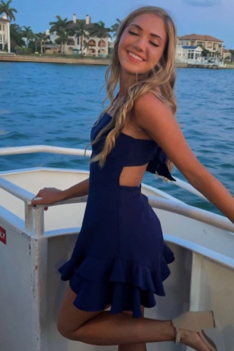 Cute Navy Blue A-Line Square Ruffles Short Homecoming Dress with Bow