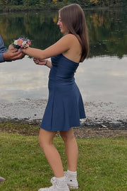 Chic A-Line Strapless Scoop Neck Pleats Satin Short Homecoming Dress