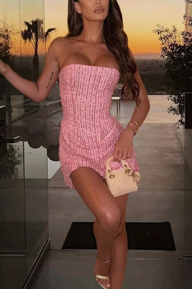 Pink Strapless Beads Sleeveless Pleats Short Homecoming Dress