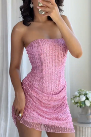 Pink Strapless Beads Sleeveless Pleats Short Homecoming Dress