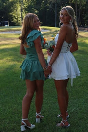 Green One Shoulder A-Line Ruffles Sleeveless Short Homecoming Dress