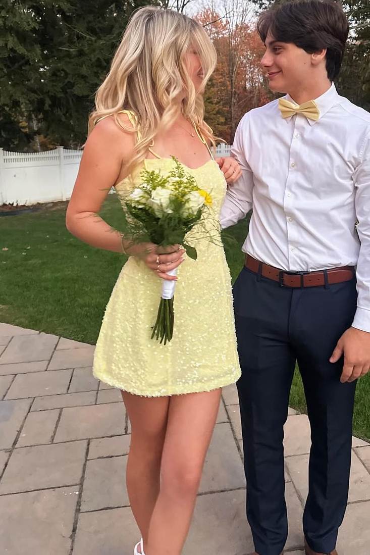 Yellow Spaghetti Straps Glitter A-Line Sleeveless Short Homecoming Dress