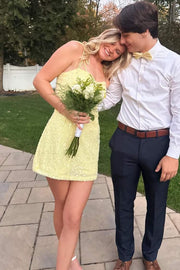 Yellow Spaghetti Straps Glitter A-Line Sleeveless Short Homecoming Dress