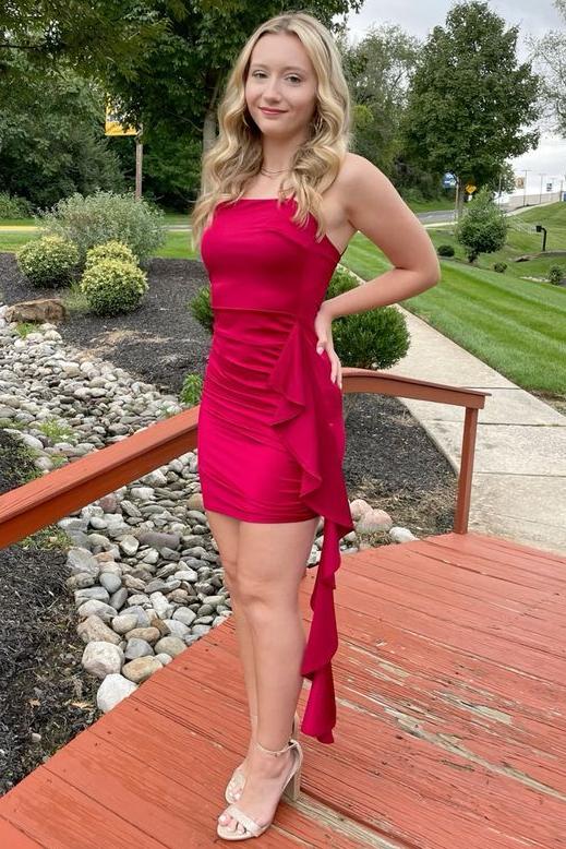 Classy Strapless Pleats Tight Ruffles Short Cocktail Homecoming Dress