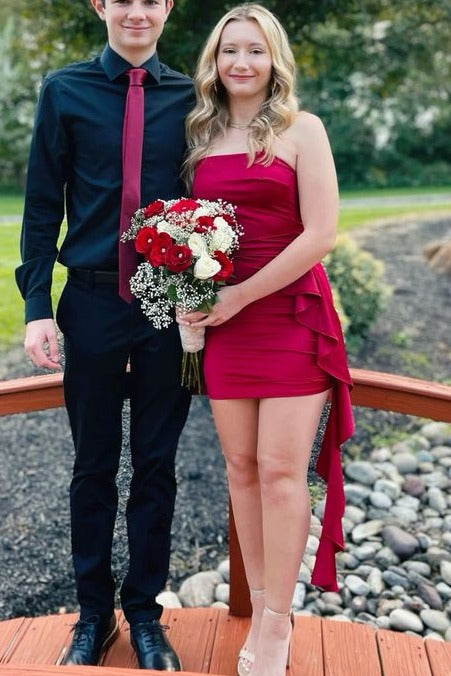 Classy Strapless Pleats Tight Ruffles Short Cocktail Homecoming Dress