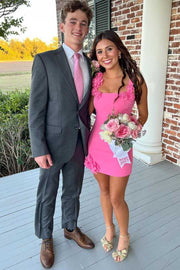 Pink Double Straps 3D Flower Square Neck Bodycon Homecoming Dress