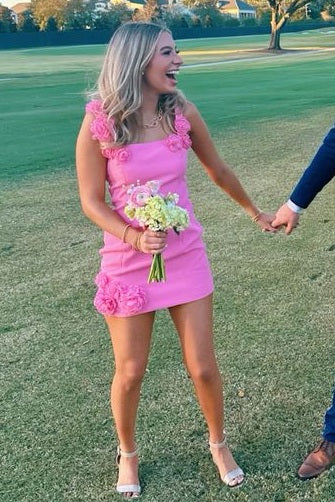 Pink Double Straps 3D Flower Square Neck Bodycon Homecoming Dress