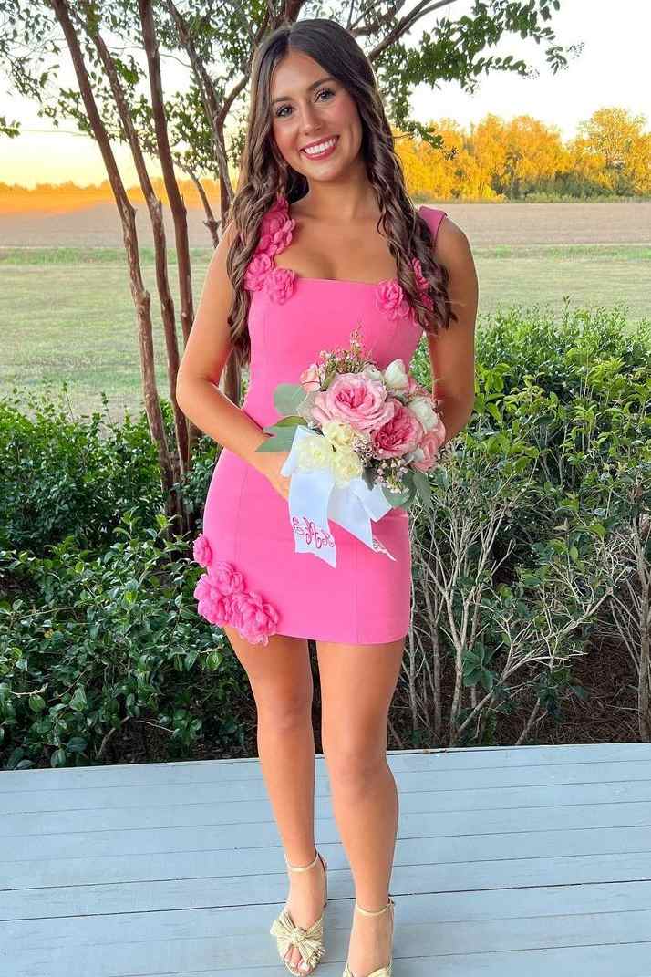 Pink Double Straps 3D Flower Square Neck Bodycon Homecoming Dress
