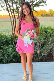 Pink Double Straps 3D Flower Square Neck Bodycon Homecoming Dress