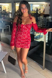 Sexy Red Halter Lace Tight with Sleeves Mini Homecoming Party Dress
