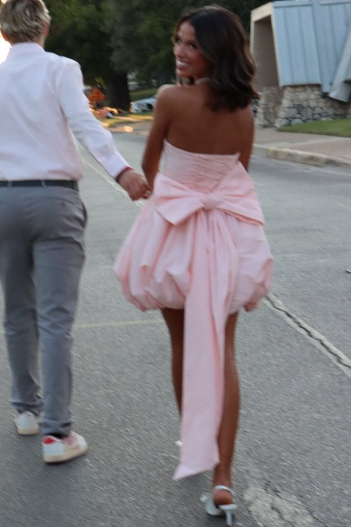 Pink A-Line Strapless Empire-Waist with Bow Satin Homecoming Dress