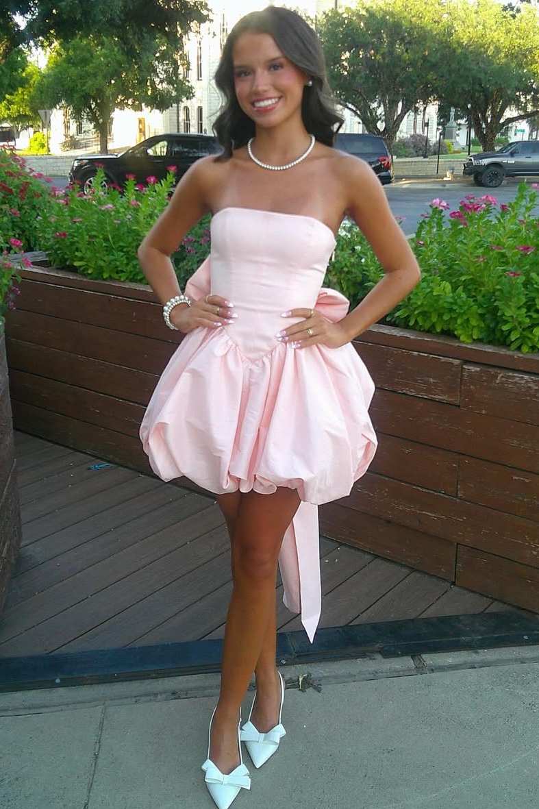 Pink A-Line Strapless Empire-Waist with Bow Satin Homecoming Dress