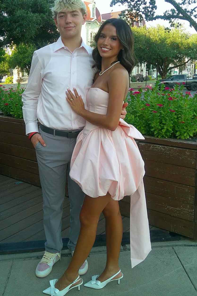 Pink A-Line Strapless Empire-Waist with Bow Satin Homecoming Dress