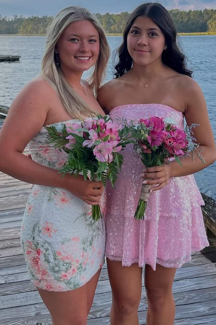 Glitter Pink A-Line Strapless Sequins Short Layered Homecoming Dress