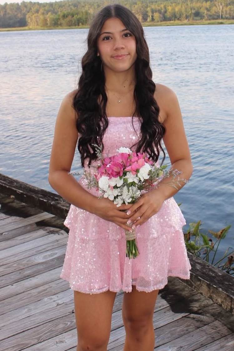 Glitter Pink A-Line Strapless Sequins Short Layered Homecoming Dress