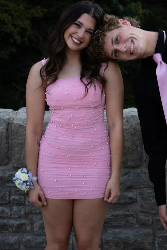 Pink Straps Beads Sleeveless Pleats Tight Party Homecoming Dress