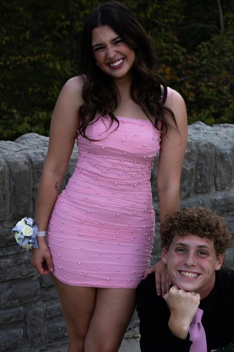 Pink Straps Beads Sleeveless Pleats Tight Party Homecoming Dress