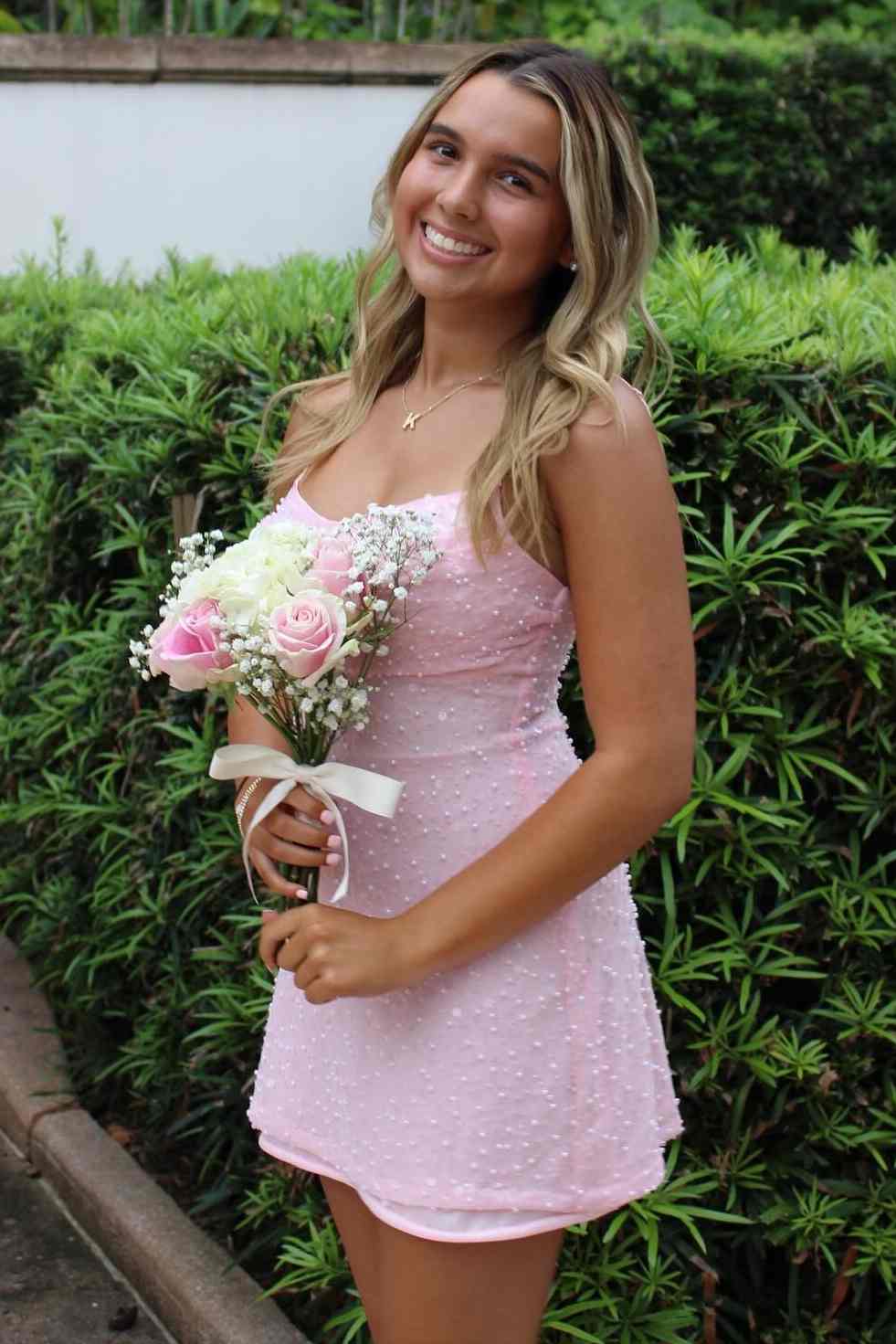 Pink Spaghetti Straps A-Line Glitter Beads Short Party Homecoming Dress