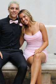 Pink Spaghetti Straps A-Line Glitter Beads Short Party Homecoming Dress