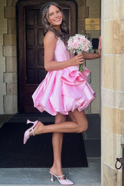 Cute Pink Strapless A-Line Ruched Empire-Waist Short Homecoming Dress