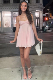 Pink Spaghetti Straps A-Line Pleated Sleeveless Short Homecoming Dress