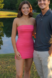 Strapless Pleated Sleeveless Satin Bodycon Mini Homecoming Dress