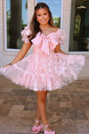 Pink A-Line Short Sleeves Empire-Waist Appliques Short Homecoming Dress