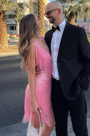 Pink V-Neck Straps Sequined Tassel Short Homecoming Cocktail Dress