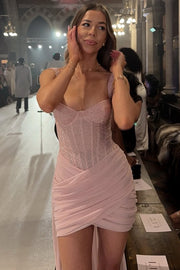 Pink Straps Pleats Tight Sleeveless with Train Short Homecoming Dress