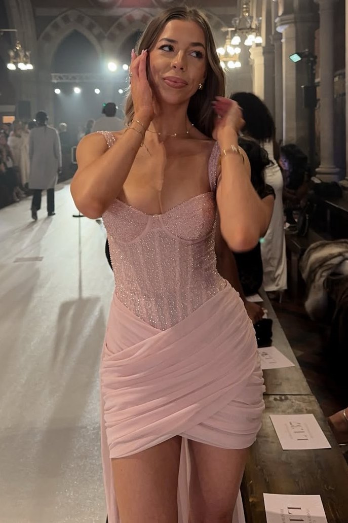 Pink Straps Pleats Tight Sleeveless with Train Short Homecoming Dress