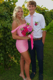 Hot Pink Sequined Off-Shoulder Pleats Tight Mini Homecoming Dress