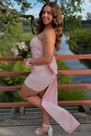 Pink Strapless Scoop Neck Pleats Bodycon Homecoming Dress with Pearls