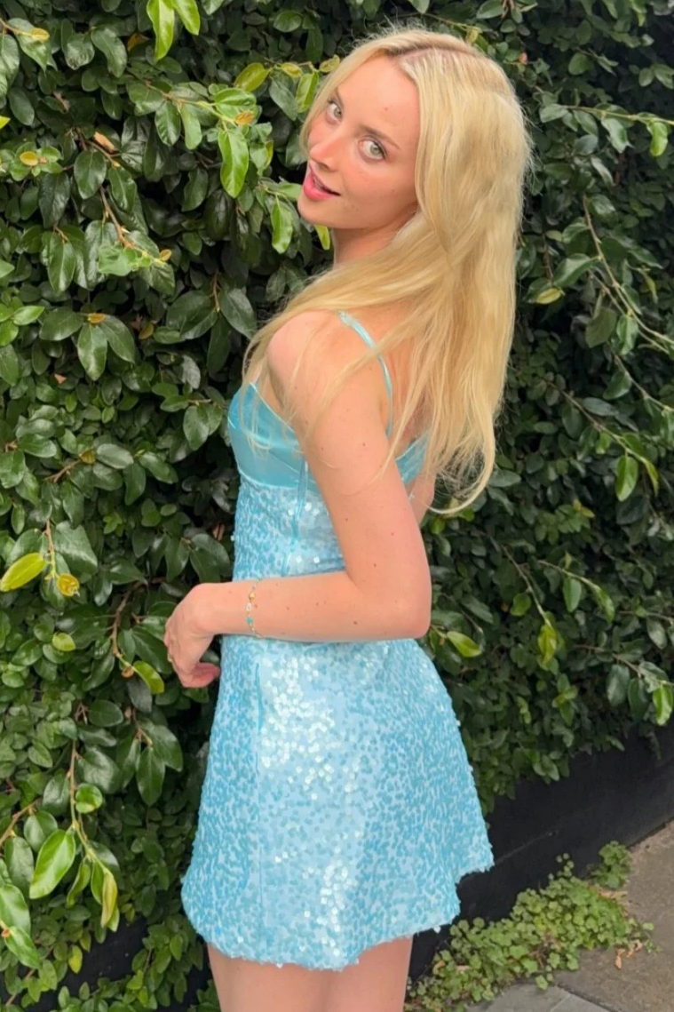 Spaghetti Straps Sequined Pleats Sleeveless Mini Homecoming Party Dress