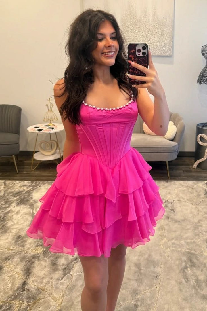 A-Line Square Neck Empire-Waist Ruffles Chiffon Short homecoming Dress