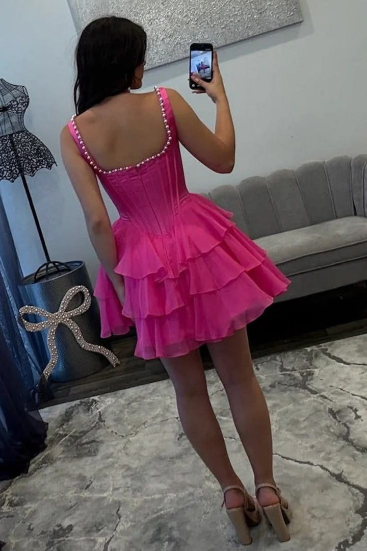 A-Line Square Neck Empire-Waist Ruffles Chiffon Short homecoming Dress