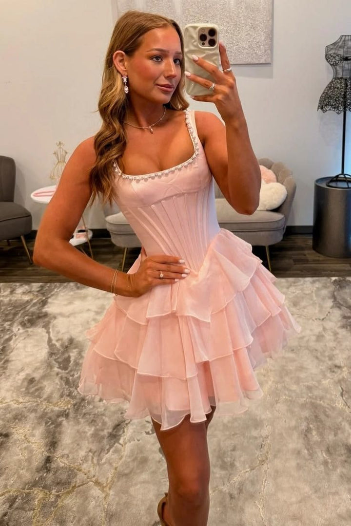 A-Line Square Neck Empire-Waist Ruffles Chiffon Short homecoming Dress