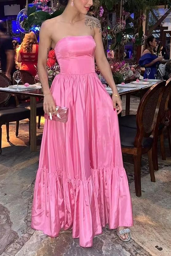 Pink Strapless Scoop A-Line Satin Pleated Sleeveless Long Formal Prom Dress