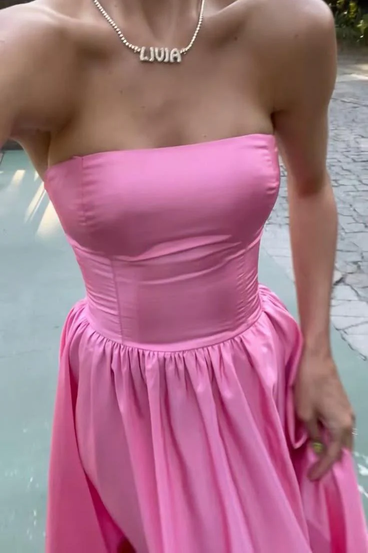 Pink Strapless Scoop A-Line Satin Pleated Sleeveless Long Formal Prom Dress