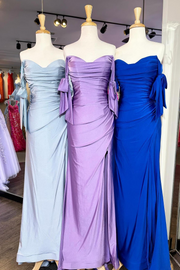 Off-Shoulder Sweetheart Pleated Satin Long Prom Formal Dress with Slit