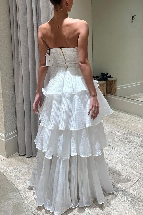 Strapless Tiered Scoop Sleeveless Ruffles White Prom Formal Dress